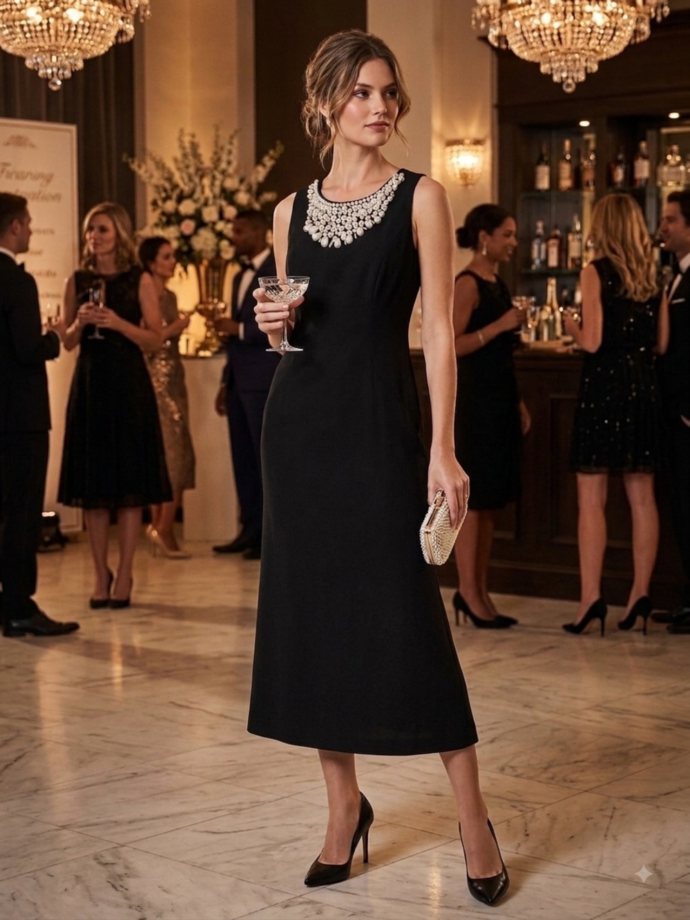 Alfani Size 14 Sleeveless Black Midi Dress with Decorative Neckline